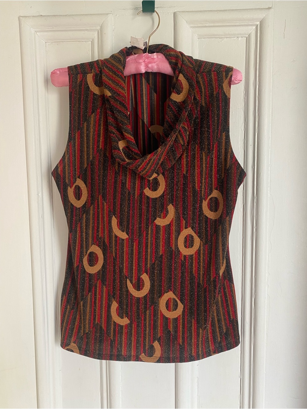 Vintage Metallic Sleeveless Cowl Neck Top in Black, Red & Gold Pattern